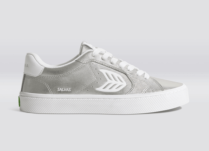 SALVAS Metallic Silver Leather White Logo Sneaker