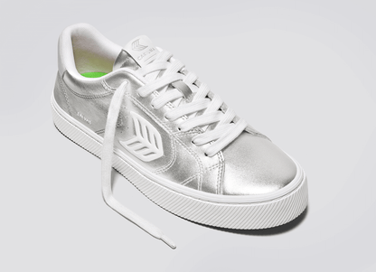 SALVAS Metallic Silver Leather White Logo Sneaker