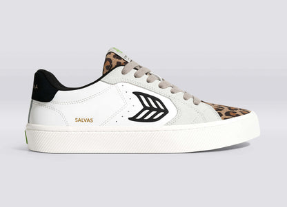 SALVAS White Leather Leopard Print Suede Black Logo Sneaker