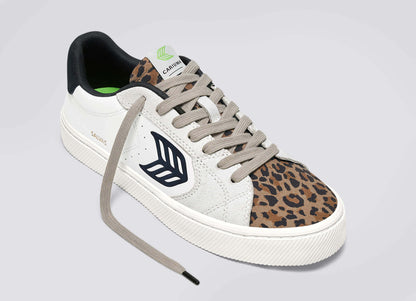 SALVAS White Leather Leopard Print Suede Black Logo Sneaker