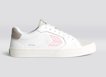 SALVAS White Premium Leather Vintage White Suede Rose Logo Sneaker