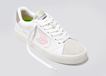 SALVAS White Premium Leather Vintage White Suede Rose Logo Sneaker